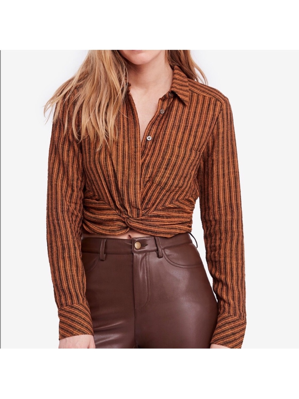 Free People Rust and Black Striped Twist-Front Button Down